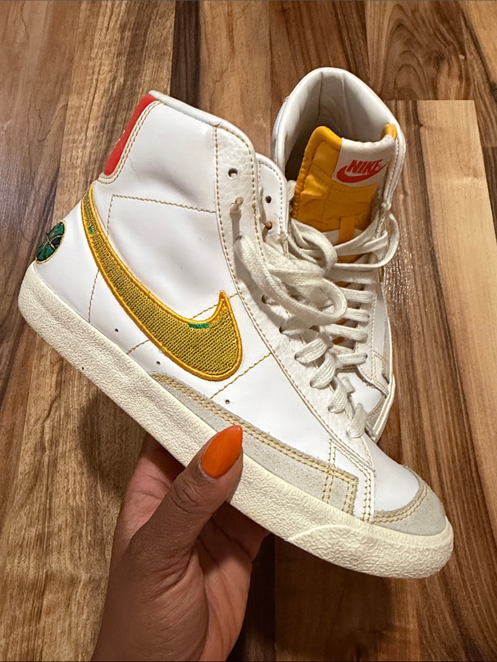 Nike Kids Rayguns White High-Top Sneakers with Yellow Tongue and Red Logo